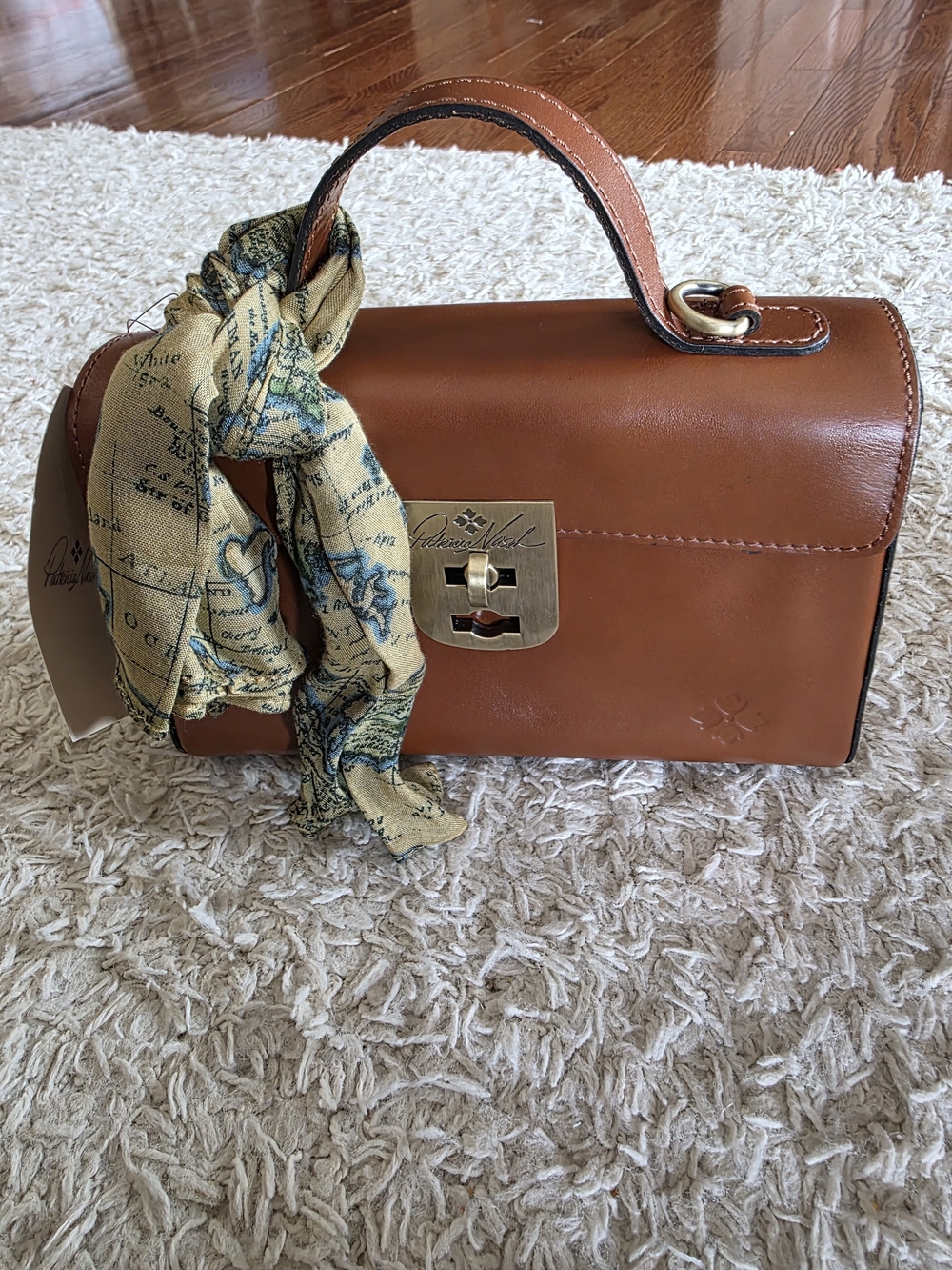 Patricia Nash Cognac Brown Leather Top-Handle Crossbody with Map-Print Scarf